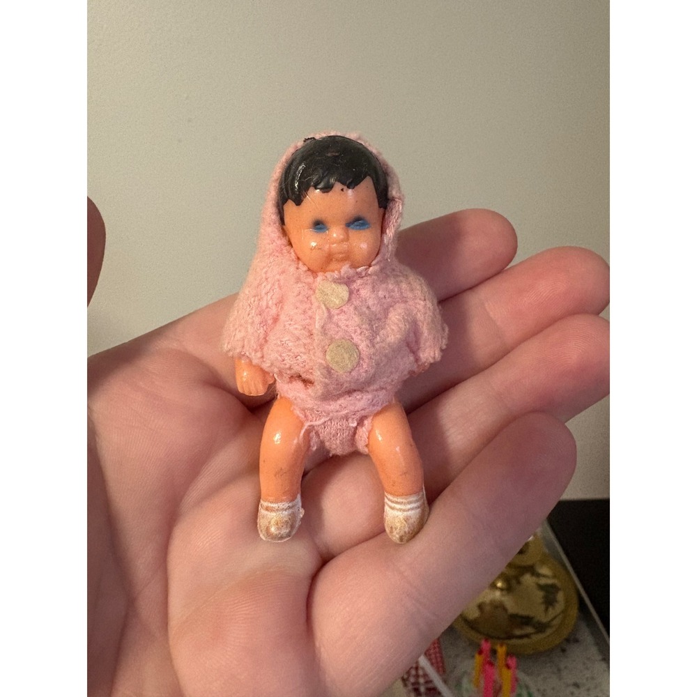 Vintage Mini Baby Doll Pink Knit Hoodie Diaper‎ Socks Toy Collectible